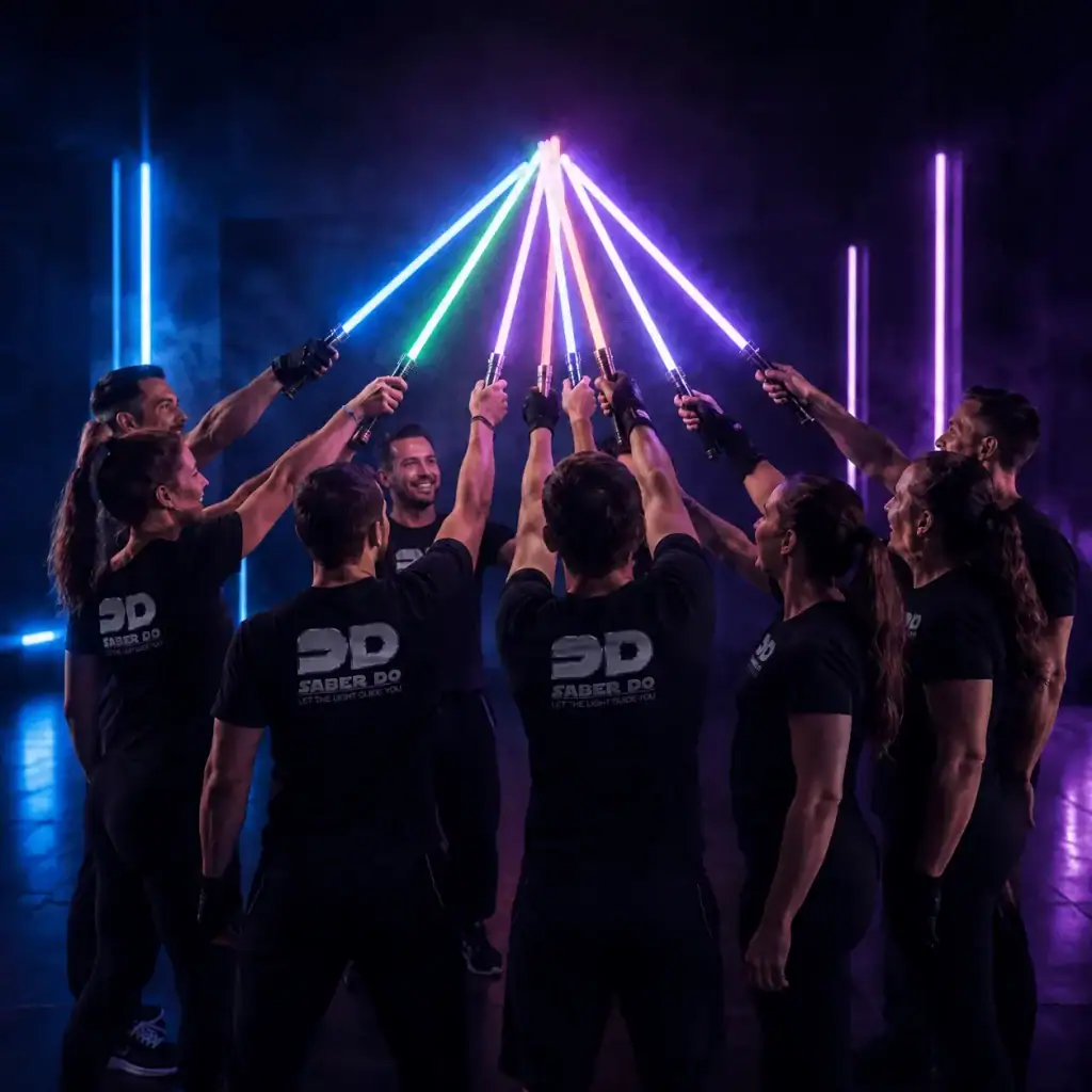 Gruppe hebt leuchtende Lichtschwerter bei einem SaberDo Event in München